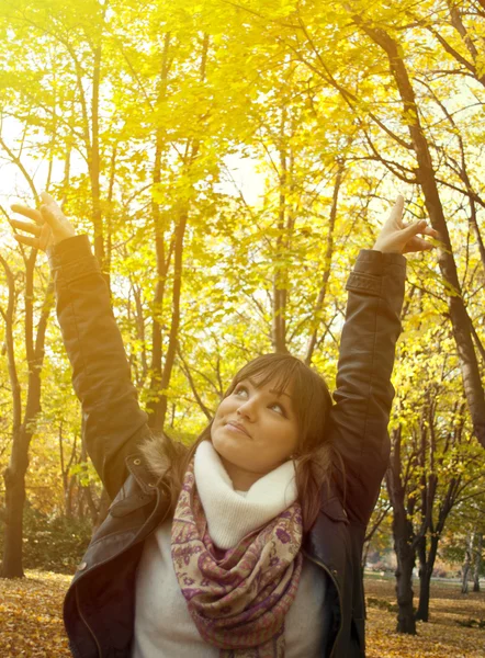 Ritratto di donna felice nella foresta autunnale — Foto Stock