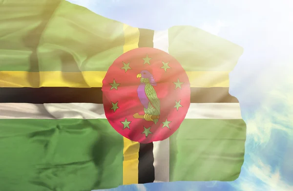 Dominica sventola bandiera contro il cielo blu con i raggi del sole — Foto Stock