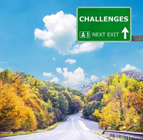 CHALLENGES road sign against clear blue sky — Stock Photo, Image