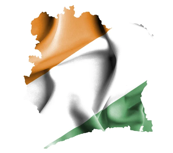 Mappa della Costa d'Avorio con bandiera sventolata isolata su bianco — Foto Stock