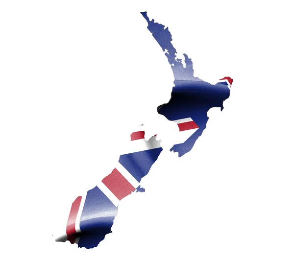 Map of New Zealand with waving flag isolated on white — Stock Photo, Image