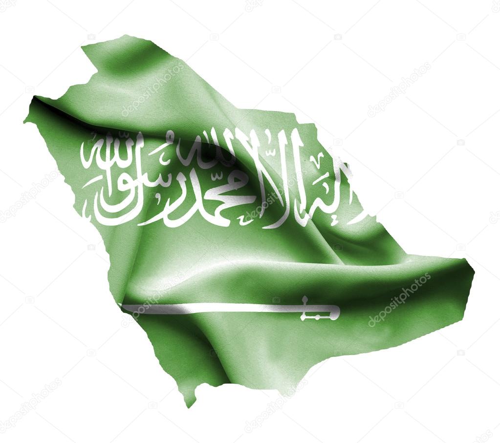 Map of Saudi Arabia with waving flag isolated on white