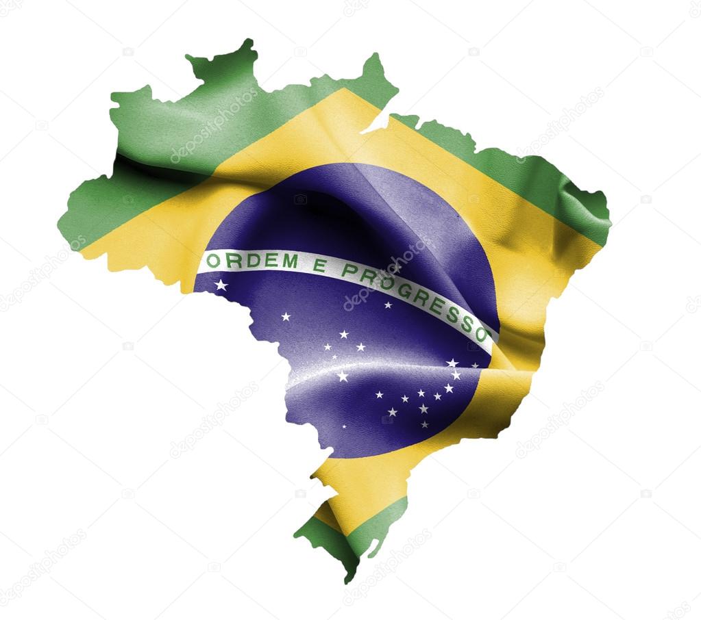 Map of Brazil with waving flag isolated on white