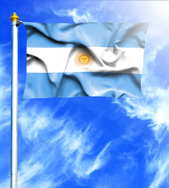 Cielo azul y mástil con bandera ondeante colgada de Argentina — Foto de Stock