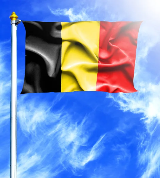 Blue sky and mast with hanged waving flag of Belgium — Stock Photo, Image