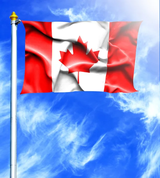 Blauwe hemel en mast met opgehangen wapperende vlag van Canada — Stockfoto