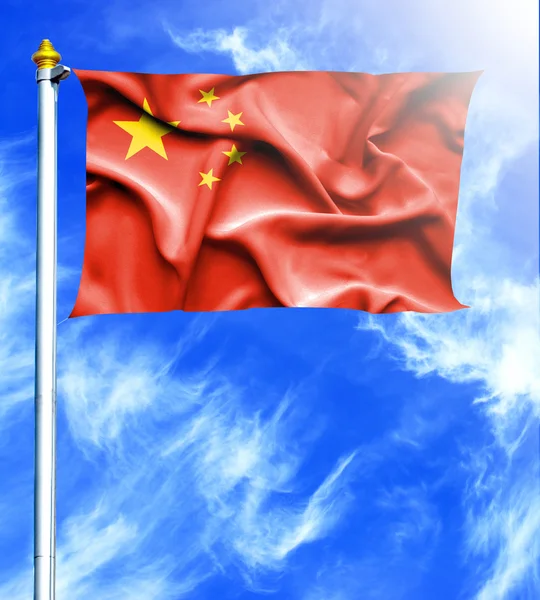 Blue sky and mast with hanged waving flag of China — Stock Photo, Image