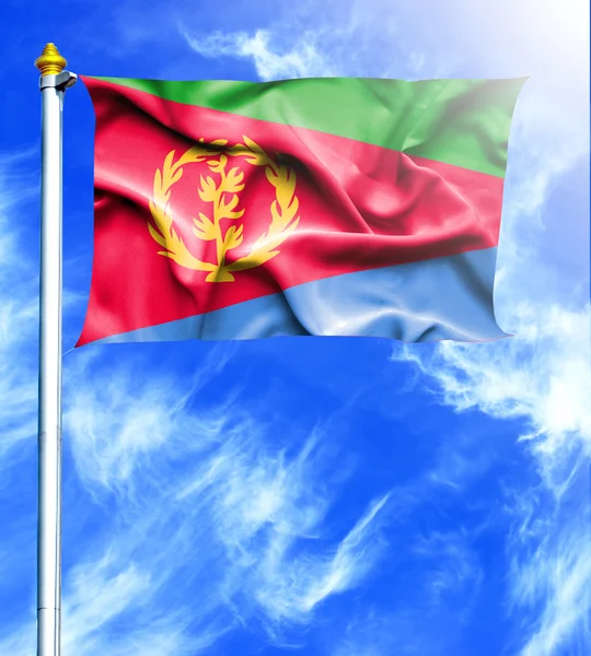 Blue sky and mast with hanged waving flag of Eritrea — Stock Photo, Image