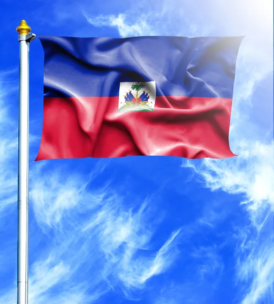 Blue sky and mast with hanged waving flag of Haiti — Stock Photo, Image