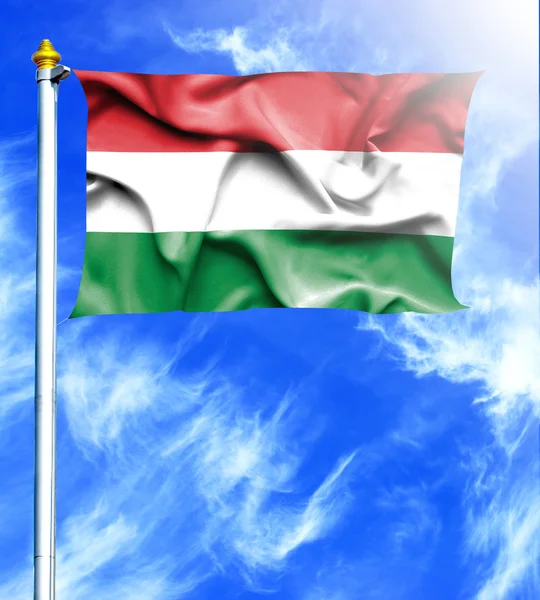 Blue sky and mast with hanged waving flag of Hungary — Stock Photo, Image