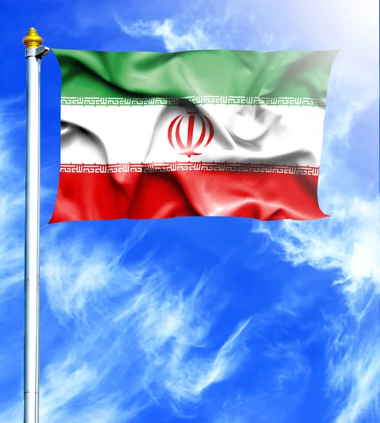 Blue sky and mast with hanged waving flag of Iran — Stock Photo, Image