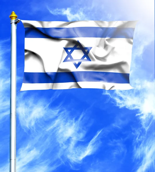 蓝蓝的天空和着吊死那飘扬的旗帜，以色列的桅杆 — 图库照片
