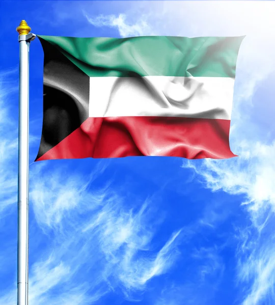 Blue sky and mast with hanged waving flag of Kuwait — Stock Photo, Image