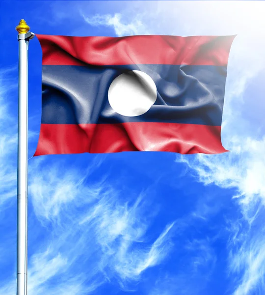 Modrá obloha a stožár s věšák vlající vlajka Laosu — Stock fotografie