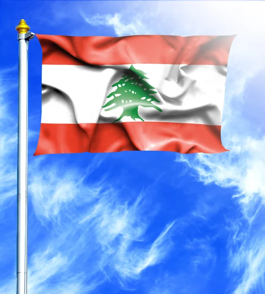 Kék ég és a árboc és Libanon akasztott hullámzó zászlaja — Stock Fotó