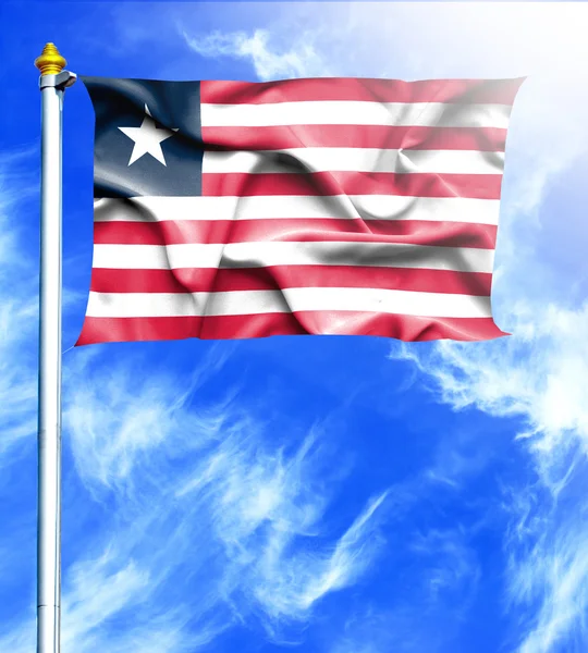 Kék ég és a árboc és Libéria akasztott hullámzó zászlaja — Stock Fotó