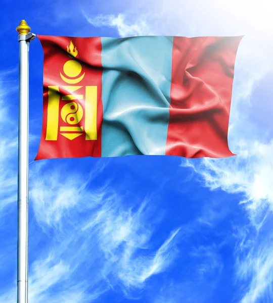Ciel bleu et mât avec drapeau agitant pendu de Mongolie — Photo