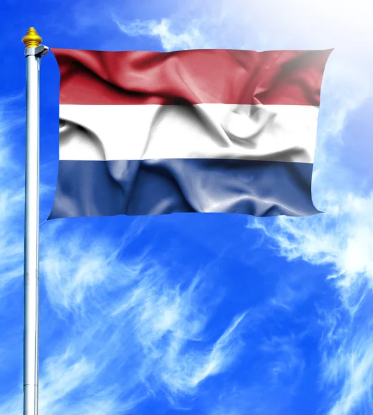 Blue sky and mast with hanged waving flag of Netherlands — Stock Photo, Image