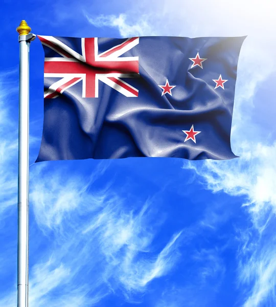 Blue sky and mast with hanged waving flag of New Zealand — Stock Photo, Image