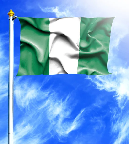 Blue sky and mast with hanged waving flag of Nigeria — Stock Photo, Image