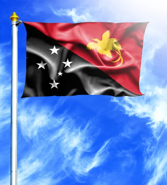 Blue sky and mast with hanged waving flag of Papua New Guinea — Stock Photo, Image