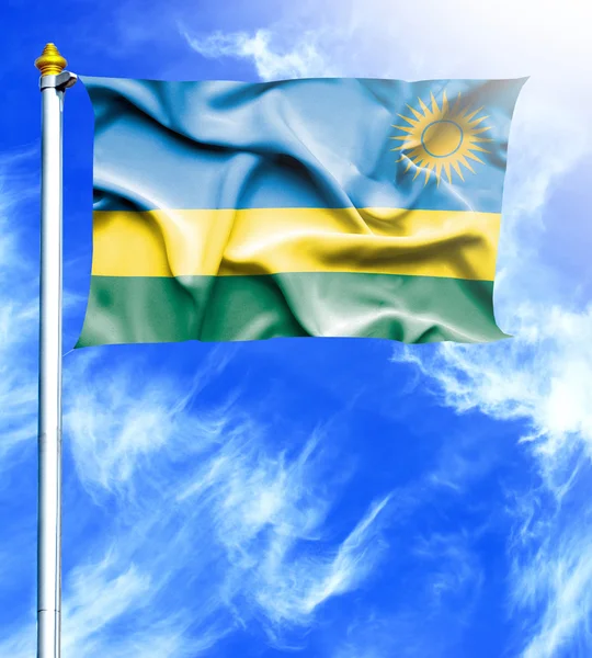 Blauwe hemel en mast met opgehangen wuivende vlag van Rwanda — Stockfoto