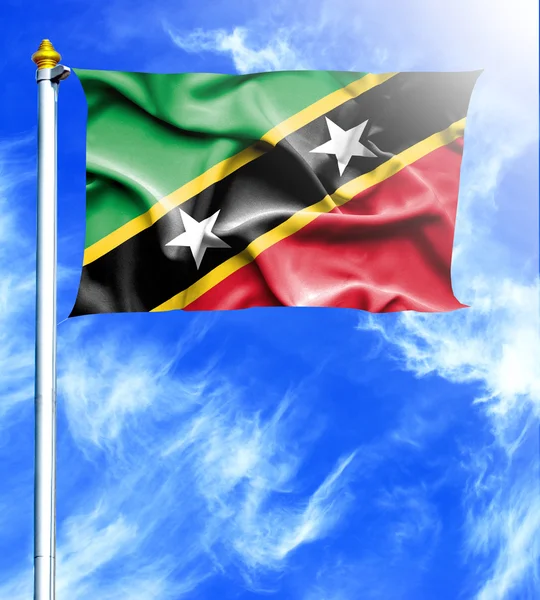 Blauwe hemel en mast met opgehangen wapperende vlag van Saint Kitts en Nev — Stockfoto