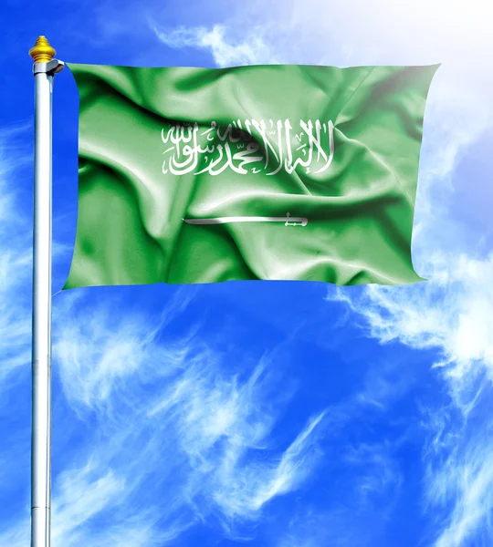 Cielo azul y mástil con bandera colgada ondeando de Arabia Saudita — Foto de Stock