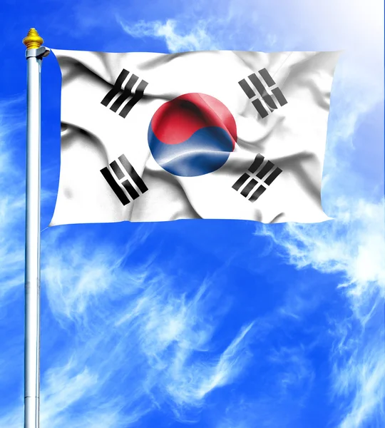 蓝蓝的天空和着吊死那飘扬的旗帜，韩国的桅杆 — 图库照片