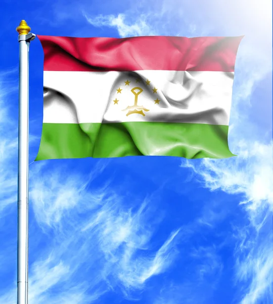 Kék ég és a árboc és Tádzsikisztán akasztott hullámzó zászlaja — Stock Fotó