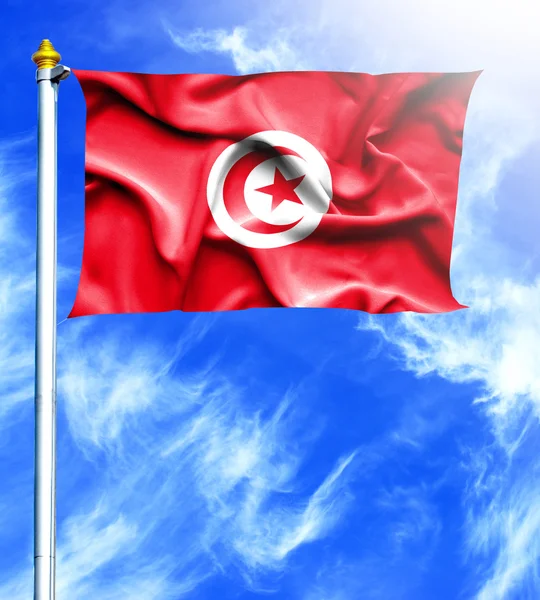 Kék ég és a árboc akasztott integetett zászló, Tunézia — Stock Fotó