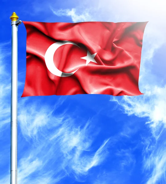 Blue sky and mast with hanged waving flag of Turkey — Stock Photo, Image
