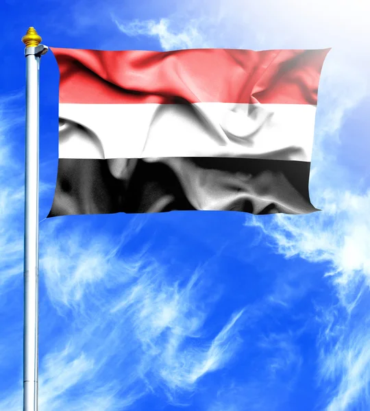 Cielo blu e albero con bandiera sventolata dello Yemen — Foto Stock