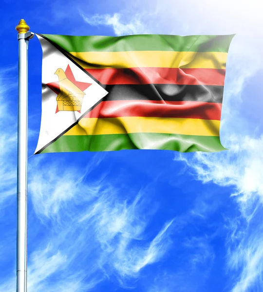 Blå himmel och masten med hängd viftande flagga Zimbabwe — Stockfoto