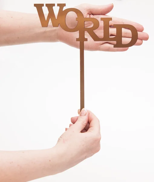 Ruka držící papírový karton s slovo den země na bílém pozadí — Stock fotografie