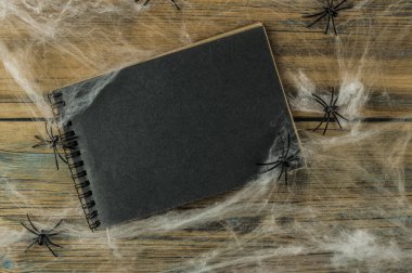 Boş siyah sayfaları olan açık bir defter, tahtadan arka planda örümcek ağı ve siyah örümcekler, üst görünüm