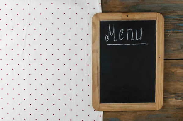 Menu Title Written Chalk Blackboard Lying Tablecloth Polka Dot Copy — Stock Photo, Image