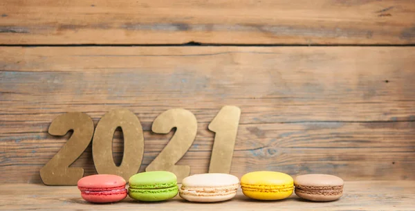 Vue Dessus Numéro 2021 Symbole Nouvel Venir Macarons Colorés Sur — Photo