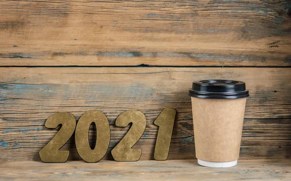 Novoroční Usnesení 2021 Stole Jednorázovým Šálkem Kávy Kopírovat Prostor — Stock fotografie