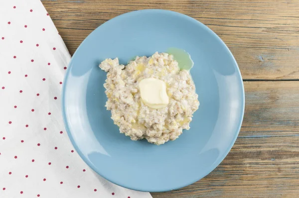 Alimento Saludable Gachas Clásicas Plato Azul Sobre Fondo Madera Desayuno —  Fotos de Stock