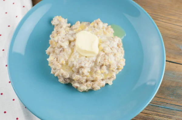 Healthy Food Classic Porridge Blue Dish Wood Background Oatmeal Food — Stock Photo, Image