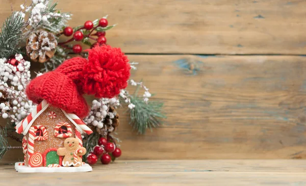 Decoración Navideña Festiva Abeto Sobre Fondo Madera Con Espacio Para —  Fotos de Stock