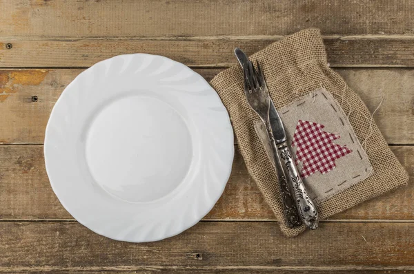 Top View White Plate Napkin Christmas Table Setting Flat Lay — Stock Photo, Image