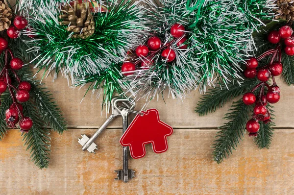 Beautiful Christmas Background Decorative House Key Lock Concept Finance Housing — Stock Photo, Image