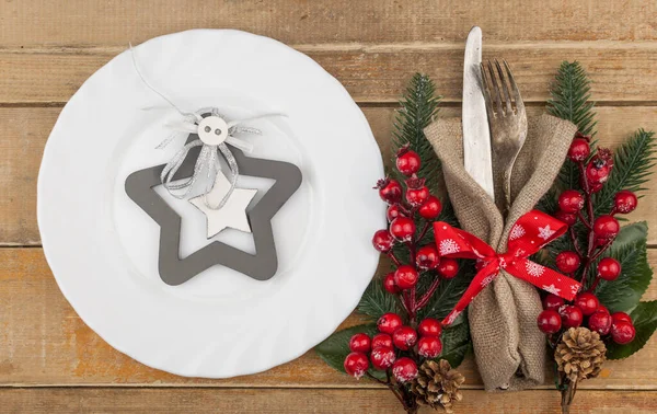 Top View White Plate Napkin Christmas Table Setting Flat Lay — Stock Photo, Image