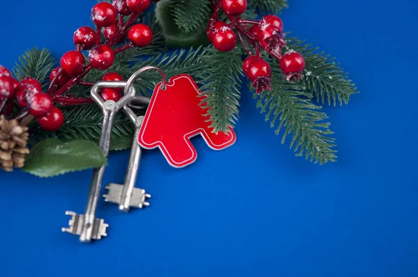 Beautiful Christmas Background Decorative House Key Lock Concept Finance Housing — Stock Photo, Image