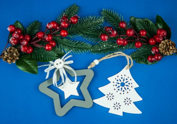 Top View Pine Branches Christmas Decorations Dark Blue Background Holidays — Stock Photo, Image