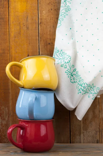 Tazas Café Colorido Tono Vintage Con Espacio Copia Tablero Madera — Foto de Stock