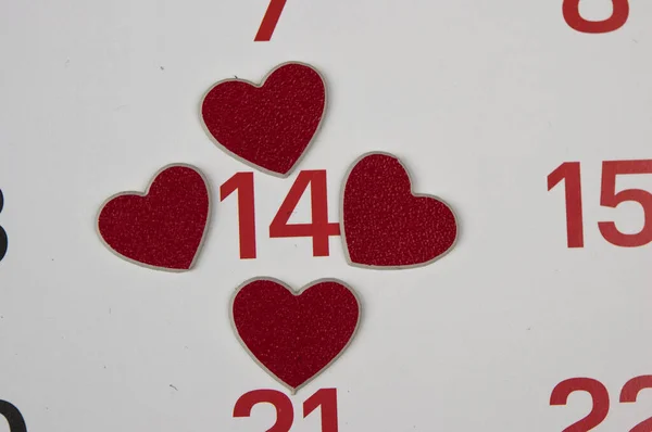 Kalender Pagina Met Rode Harten Februari Van Sint Valentijnsdag — Stockfoto