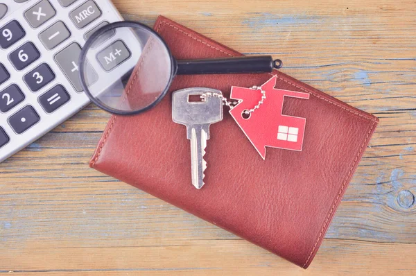 Property Assessment Miniature House Key Magnifier Calculator Real Estate Concept — Stock Photo, Image